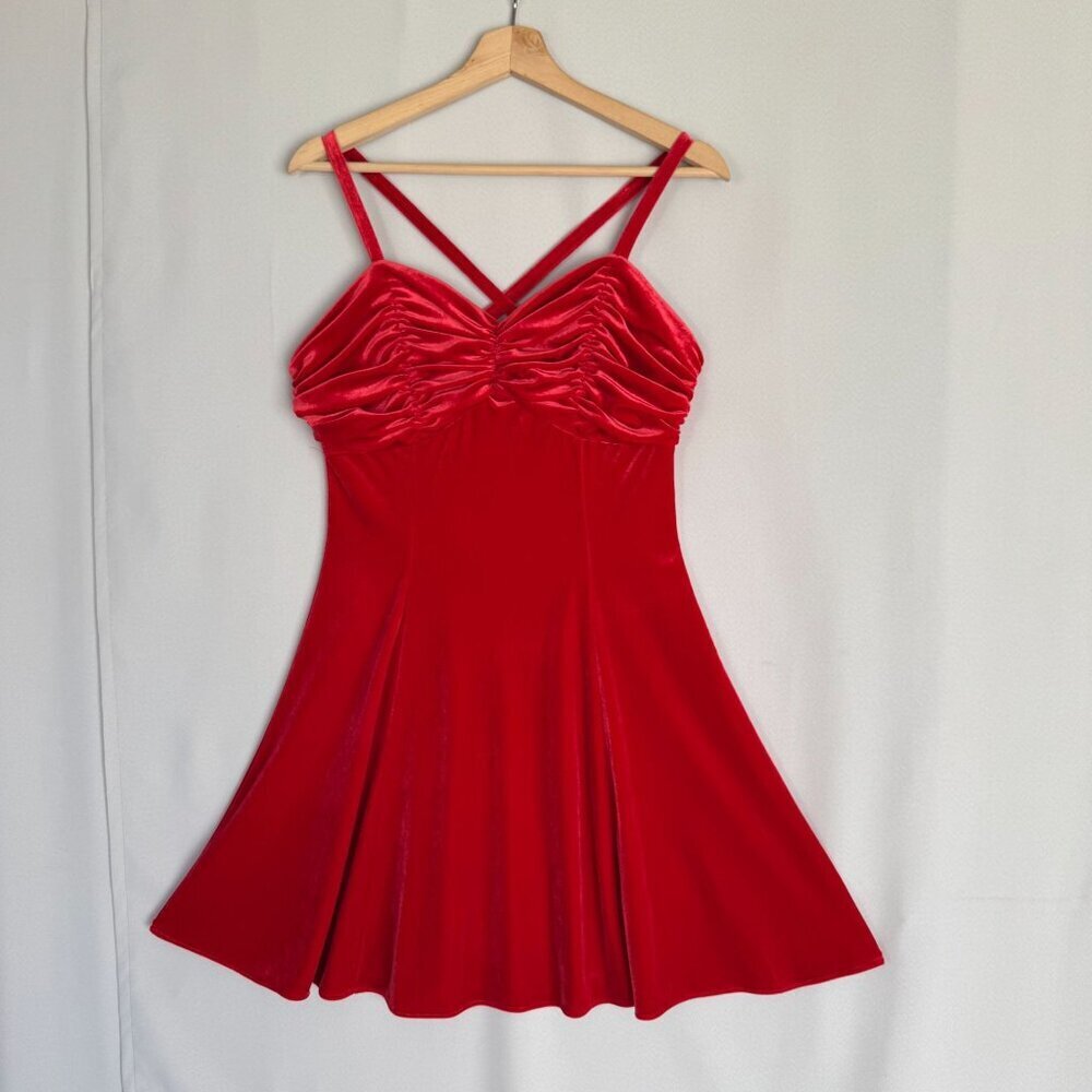 90s‎ Vintage Coty Cherry Red Stretch Velvet Thin Strap Skater Mini Dress Large